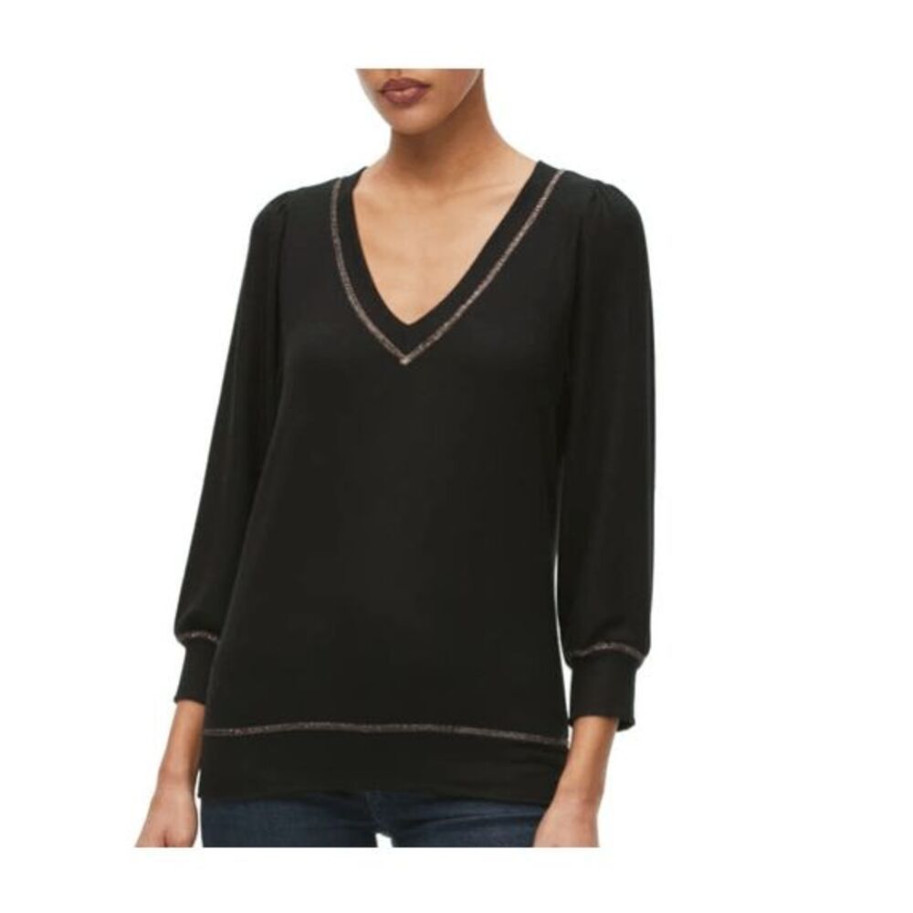 Michael Stars Gabriella Knit Top V-Neck Metallic Trim Puff Sleeve Black XL